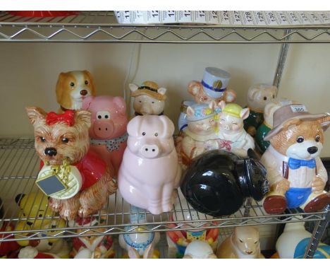 Shelf containing 11 assorted Cookie Jars and lids modelled as various animals, 