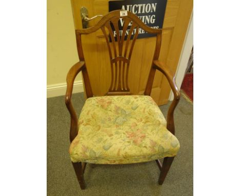 Georgian period mahogany open backed Hepplewhite style carver with tapestry overstuffed seat