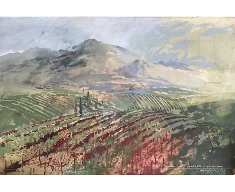 JOHN MACFARLANE (b. 1948) gouache and crayon on board - 'Pyrenees', signed, 31 x 45cmsAuctioneer's Note: The final back drop 