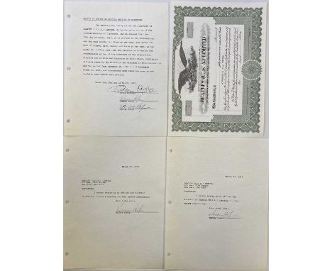 BRIAN EPSTEIN SIGNED DOCUMENT AND BEATLES USA LTD SHARE CERTIFICATE. A collection of documents relating to the resignation of