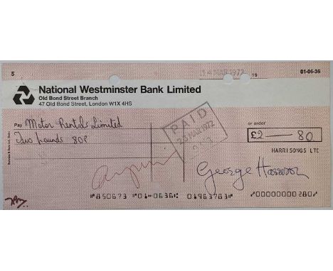 GEORGE HARRISON SIGNED CHEQUE. A Westminster bank cheque dated 14 March 1972 made out to 'Motor Rentals Limited' and signed c