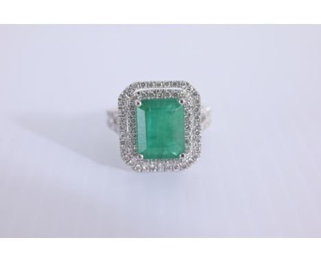 Platinum Emerald &amp; Diamond Ring Comes with IAS appraisal Approx. Total Weight: 9.1 g Ring Size: 6.5 Approx. Diamond Weigh