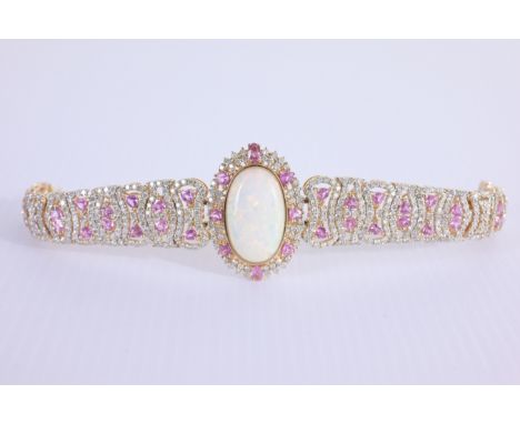 14K Gold Opal, Colored Sapphire &amp; Diamond Bracelet Comes with SGL appraisal. Approx. Total Weight: 43.05 g Length: 7 in. 