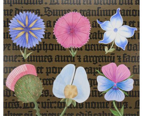 Erik Nitsche (Swiss, 1908 - 1998) "Flowers - Manuscript Illumination" Signed lower right. Original Mixed Media painting on Il