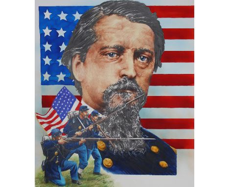 Chris Calle (American, B. 1961) "Winfield Hancock" Signed lower right. Original Mixed Media on Illustration Board. Provenance