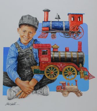 Chris Calle (American, B. 1961) "Boy w/ Toy Locomotive" Signed lower left. Mixed Media on Illustration Board. Provenance: Col