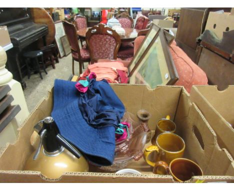 BOX CONTAINING MIXED GLASS WARE, SODA SIPHON, WADE AND LORD NELSON POTTERY TANKARDS ETC