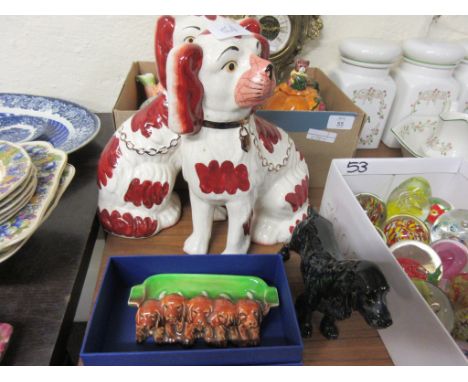 PAIR OF STAFFORDSHIRE TYPE FIRESIDE SPANIEL DOGS TOGETHER WITH A ROYAL DOULTON FIGURE OF A SPANIEL, HN1020 AND A BESWICK FIVE