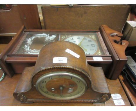 NAPOLEON STYLE MID-20TH CENTURY OAK MANTEL CLOCK TOGETHER WITH A 31-DAY REPRODUCTOIN WALL CLOCK