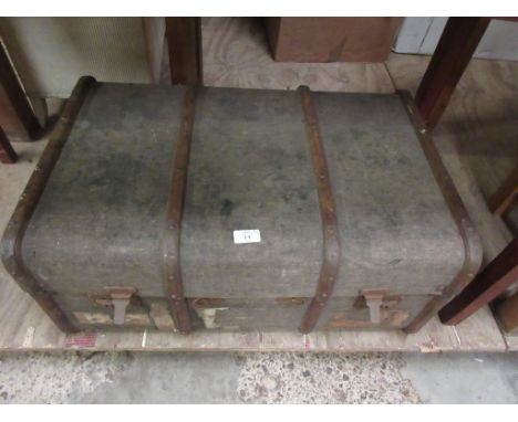 WOODEN BOUND TRAVELLING TRUNK, LENGTH APPROX 69CM TOGETHER WITH A 1960S SUITCASE