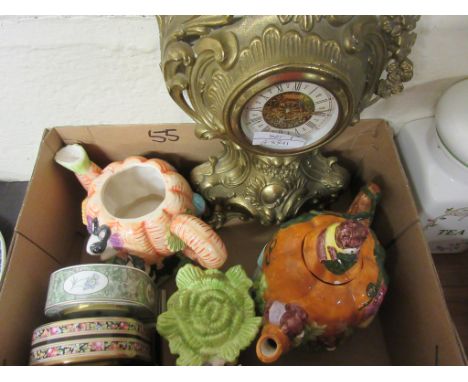 BOX CONTAINING VARIOUS DECORATIVE CERAMICS INCLUDING TEA POTS, WEDGWOOD FLORAL DECORATED CLOCKS, GILT MANTEL CLOCK, THE CLOCK
