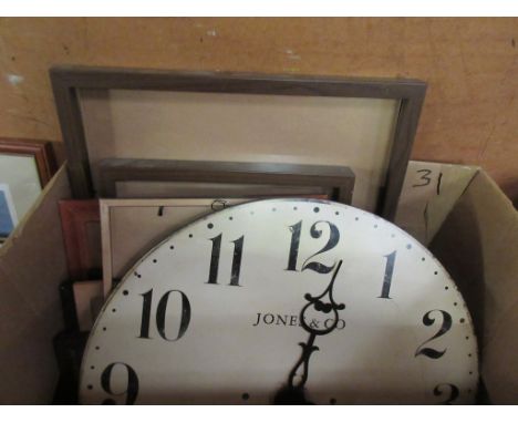QUANTITY OF PICTURE FRAMES AND A LARGE WALL CLOCK, CLOCK DIAM APPROX 50CM