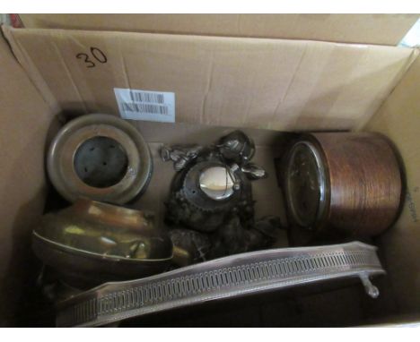 BOX CONTAINING METAL WARES INCLUDING SILVER PLATED GALLERIED TRAY, PLUS A MANTEL CLOCK