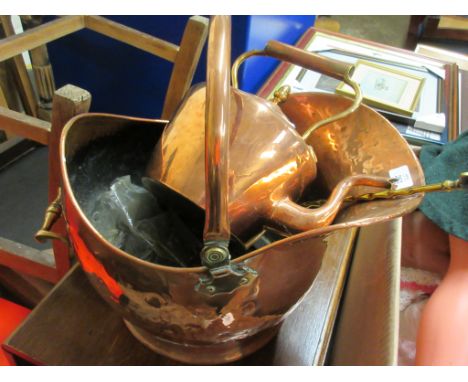 BRASS COAL HELMET TOGETHER WITH A KETTLE, FIRE IRONS ETC