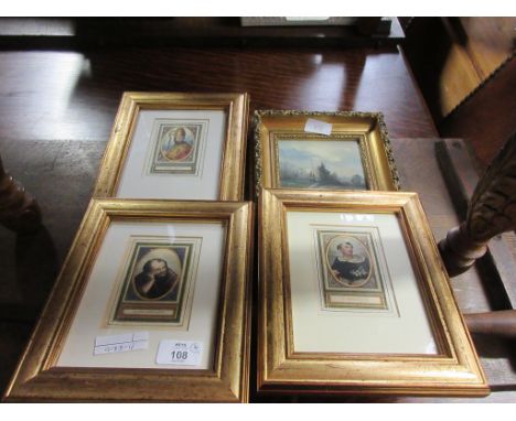 COLLECTION OF SMALL FRAMED DEPICTIONS OF VARIOUS SAINTS TOGETHER WITH A SMALL OIL ON PANEL, NORFOLK FARM SCENE, APPROX WIDTH 