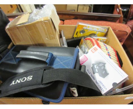 BOX CONTAINING ODDS AND ENDS INCLUDING TORCH, TOOL KITS ETC
