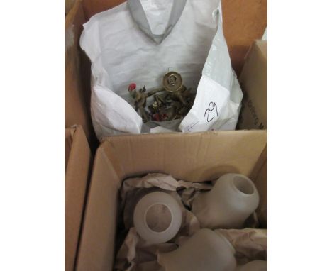 TWO BOXES CONTAINING BRASS WALL LIGHT SCONCES AND GLASS SHADES