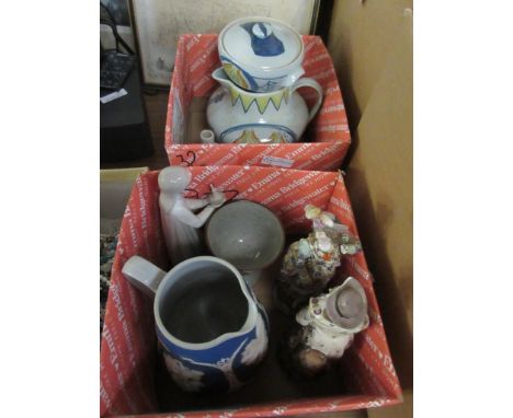 TWO SMALL BOXES CONTAINING DECORATIVE CERAMICS INCLUDING LLADRO FIGURE OF A GIRL WITH A CANDLE, JASPERWARE WATER JUG ETC