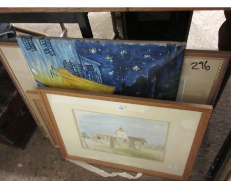 SELECTION OF FRAMED PICTURES INCLUDING WATERCOLOUR OF A COUNTRY CHURCH, OIL ON PANEL OF A FARMHOUSE ETC