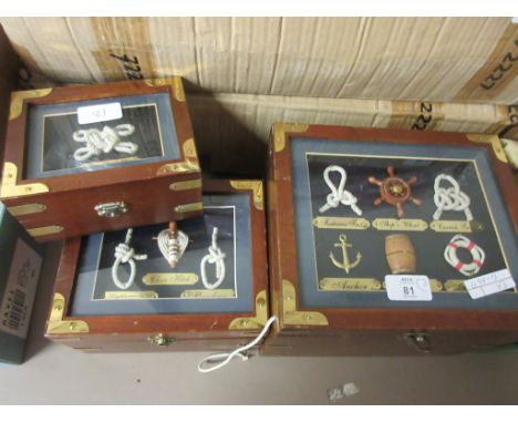 THREE TRINKET OR STORAGE BOXES EACH WITH KNOT COLLECTIONS TO LIDS