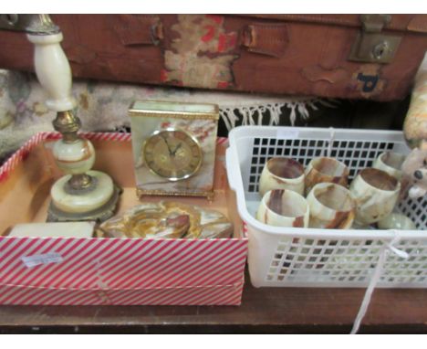 TWO BOXES CONTAINING MIXED STONEWARE ITEMS INCLUDING A MANTEL CLOCK, LAMP BASE, GOBLETS ETC