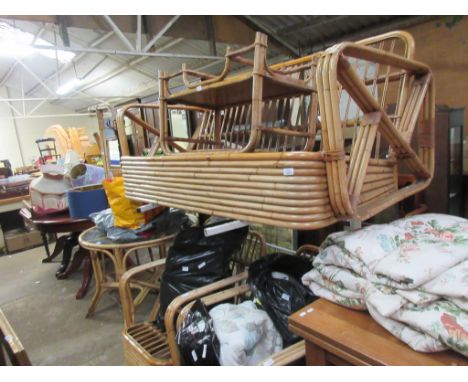 SIX PIECE CANE CONSERVATORY SUITE COMPRISING SOFA, TWO CHAIRS, CIRCULAR GLASS TOPPED TABLE, SMALL COFFEE TABLE AND LAMP STAND