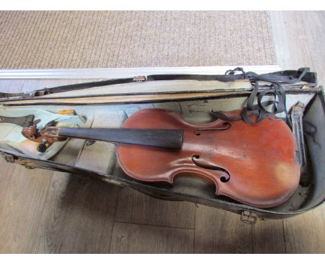 Two late 19th / early 20th Century student's violins for restoration, one bow and some accessories 