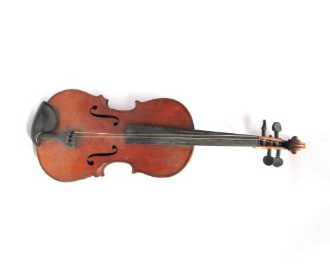 A mid 20th Century full size (4/4) violin with spruce top, two piece Maple back, with Golden Strad bow, with case (for 3/4 si