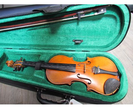 A Stradivarius copy student's violin, cased with bow 