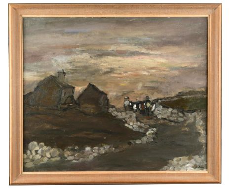 Yorkshire landscape with cottage and figures leading a cow signed 'FELL' (lower right) oil on canvas 50 x 60cmCondition repor