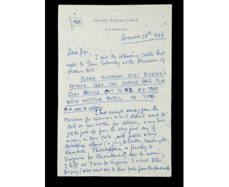 Four page hand written letter, United States Lines, S.S.America, 28th December 1946, to Gigi Richter. Moore discusses his fir