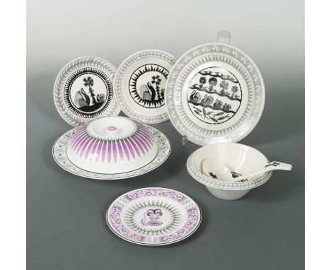 comprising sandwich plate, side plate, soup bowl and saucer and a ladle, printed and painted marks, together with a muffin di