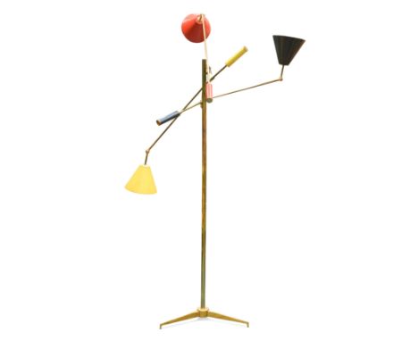 the brass column and adjustable arms with red, blue and yellow conical shades and matching counterbalance with adjustable mec