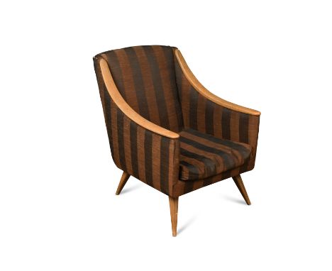 with exposed curvaceous arms raised on tapering cylindrical legs, together with a 1970s floor lamp (2) 88 x 65cm