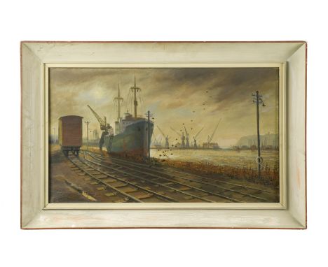 The Alderney, Cardiff Docks signed and dated 'Nan Youngman / 1960' (lower right); titled to the frame oil on canvas 44 x 75cm