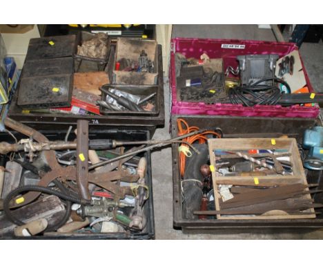 FOUR TRAYS OF TOOLS PLUS ONE BOX TO INCLUDE POWER TOOLS