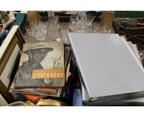 A TRAY OF ASSORTED COLLECTABLES TO INCLUDE CARRIAGE CLOCK , MILITARY BOOKS ETC 
