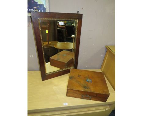 AN ANTIQUE MIRROR AND VINTAGE MAHOGANY BOX (2)