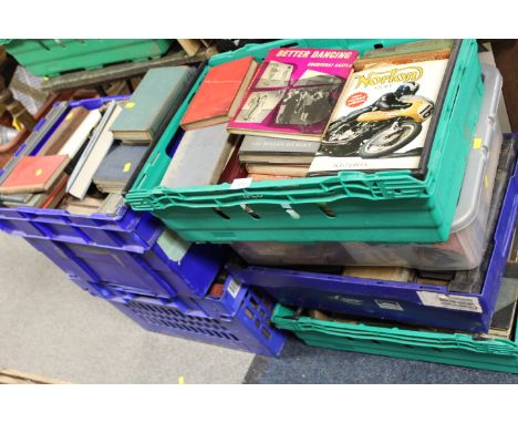 A LARGE QUANTITY OF VINTAGE AND ANTIQUE BOOKS TO INCLUDE MOTORCYCLE EXAMPLES, CLASSIC LITERATURE {TRAYS NOT INCLUDED}