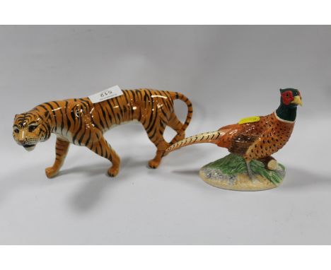 A BESWICK MODEL OF A TIGER TOGETHER WITH A MODERN MODEL OF A PHEASANT