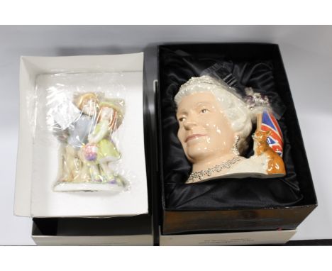 A BOXED ROYAL DOULTON FIGURINE ' FIRST LOVE' CH7, TOGETHER WITH A ROYAL DOULTON CHARACTER JUG 'QUEEN ELIZABETH II' (2)