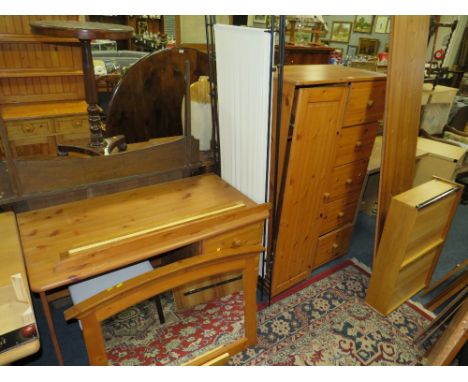 A MODERN PINE CABINET, DESK AND STOOL, MIRROR, SCREEN AND FLAT PACK WARDROBE