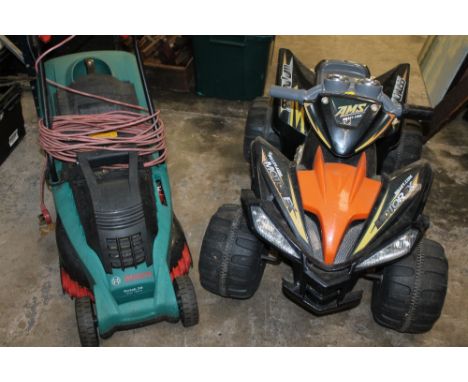 A CHILDREN'S RIDE ON BATTERY QUAD BIKE - MISSING CHARGER, TOGETHER WITH AN ELECTRIC BOSCH LAWN MOWER AND A MANUAL POST KNOCKE