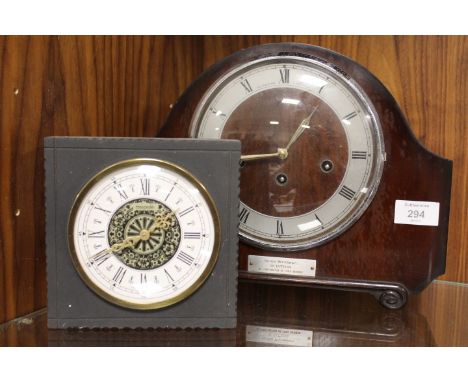 A VINTAGE MAHOGANY MANTLE CLOCK TOGETHER WITH CLOCK SET IN SLATE (2)