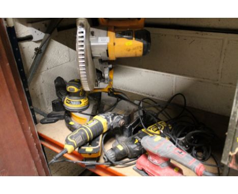 A JCB MITRE SAW TOGETHER WITH A SELECTION OF HAND POWER TOOLS 