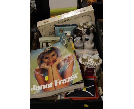 A TRAY OF VINTAGE AND LATER BEAUTY PRODUCTS TOGETHER WITH TWO VINTAGE MAIL ORDER CATALOGUES 