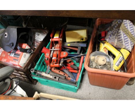 THREE BOXES OF MECHANICS TOOLS TO INLCUDE TROLLEY JACK AND AXLE STANDS