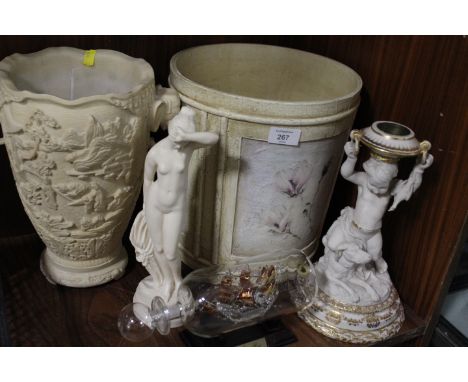 A QUANTITY OF DECORATIVE ITEMS TO INCLUDE A PARIAN STYLE CANDLESTICK OF A SMALL BOY WITH HIS DOG 
