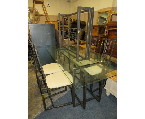 A GLASS TOPPED DINING TABLE WITH FOUR CHAIRS AND A GLASS TOPPED CONSOLE TABLE