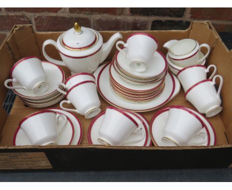 A TRAY OF MINTON SATURN PATTERN TEA WARE, TO INCLUDE TEAPOT, SUGAR, MILK, CUPS &amp; SAUCERS, CAKE PLATE AND SIDE PLATES